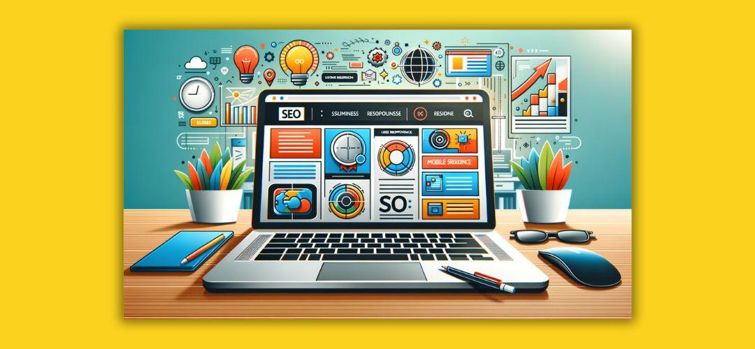 Tips for Creating an Effective Business Website - the image showcases a modern website design on a laptop screen, highlighting key elements like user-friendly navigation, SEO optimization, mobile responsiveness, and engaging call-to-action buttons.